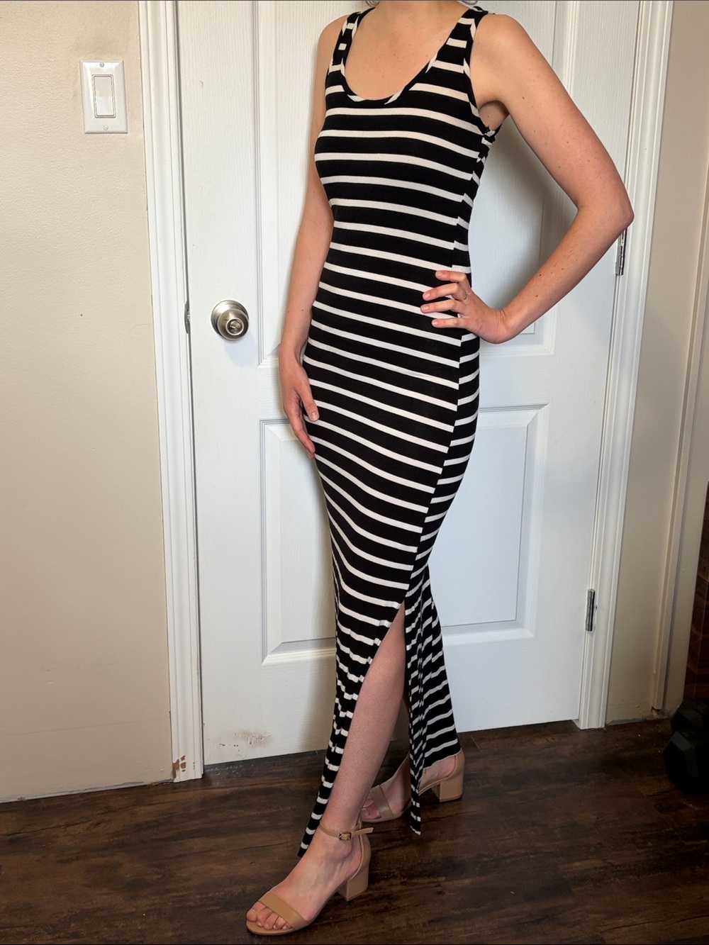 Black & White Striped Tank Maxi Dress with Side Slits